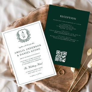 Emerald Green Leafy Crest Monogram Wedding QR Code Invitation