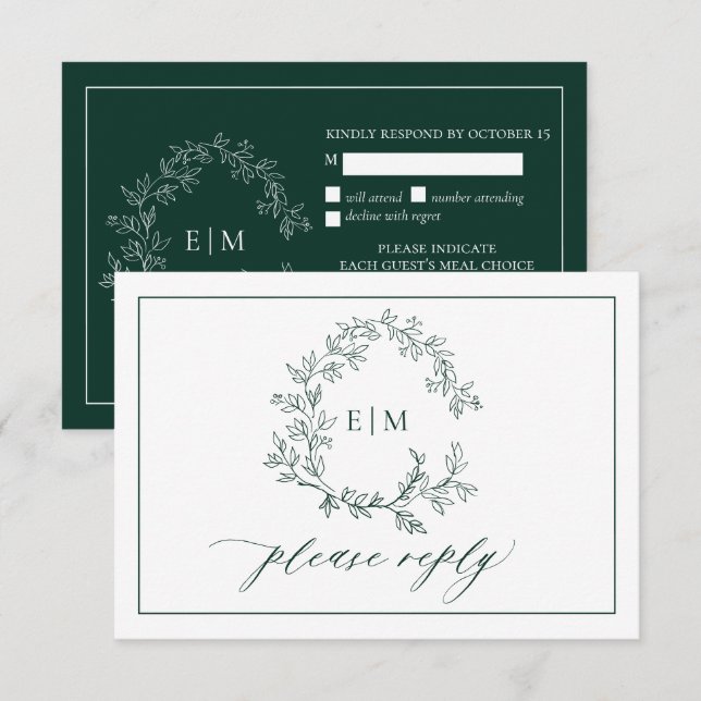 Emerald Green Leafy Crest Monogram Wedding RSVP (Front/Back)