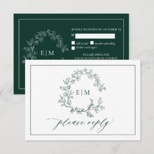 Emerald Green Leafy Crest Monogram Wedding RSVP