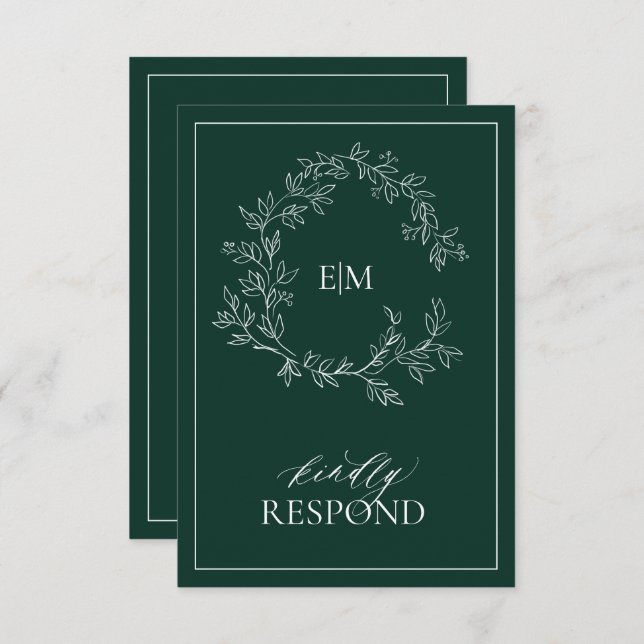 Emerald Green Leafy Crest Monogram Wedding RSVP (Front/Back)