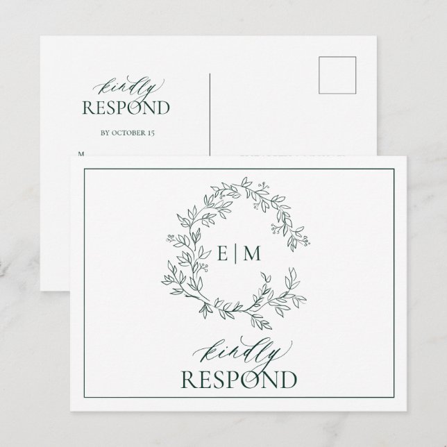 Emerald Green Leafy Crest Monogram Wedding RSVP Invitation Postcard (Front/Back)