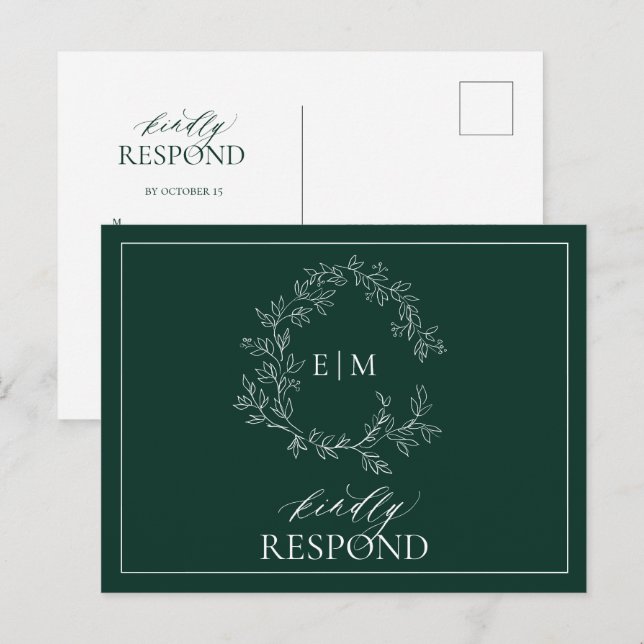 Emerald Green Leafy Crest Monogram Wedding RSVP Invitation Postcard (Front/Back)