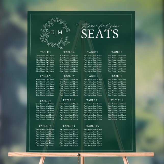 Emerald Green Leafy Crest Monogram Wedding Seating Acrylic Sign (Neutral)