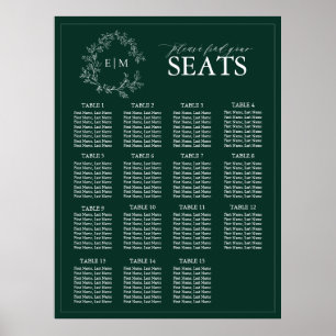 Emerald Green Leafy Crest Monogram Wedding Seating Poster