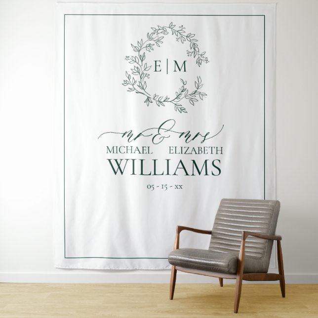Emerald Green Leafy Crest Monogram Wedding Tapestry (In Situ)