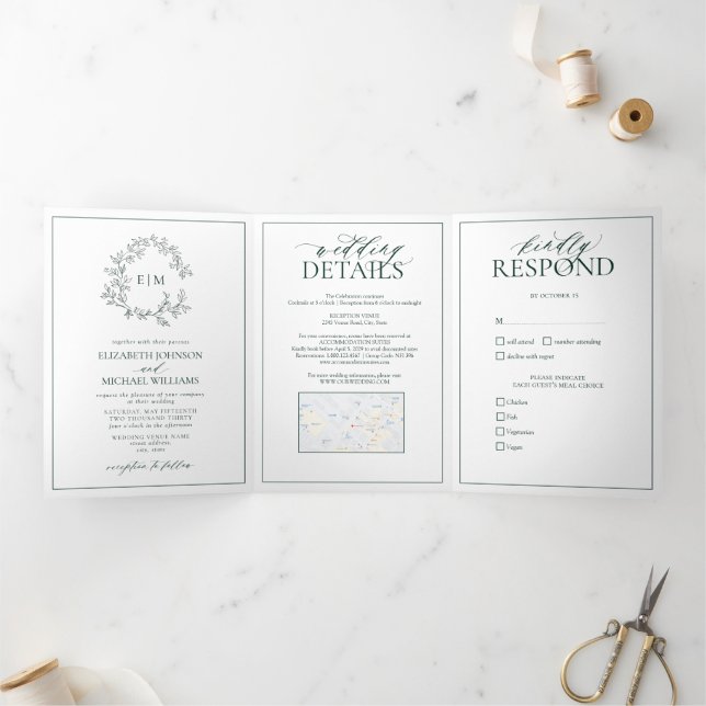 Emerald Green Leafy Crest Monogram Wedding Tri-Fold Invitation (Inside)