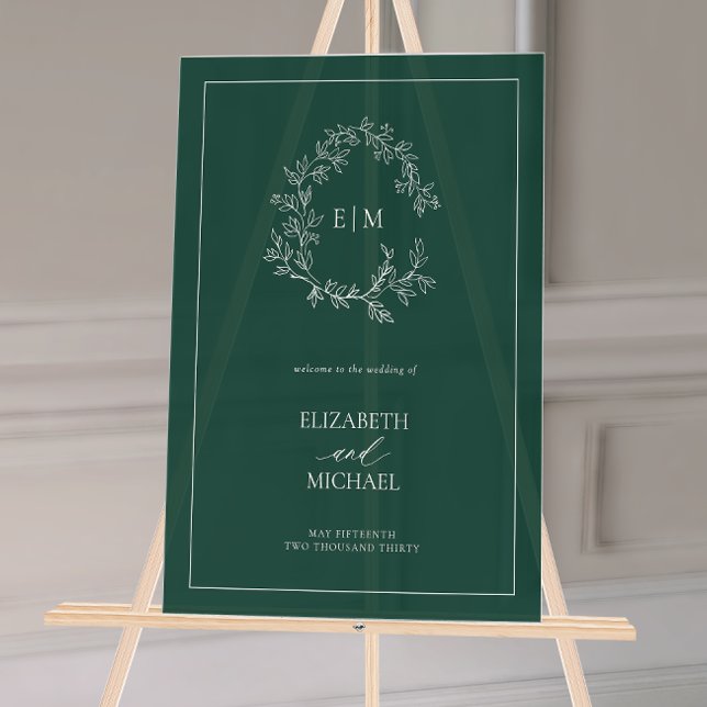 Emerald Green Leafy Crest Monogramme Mariage de bi (Wedding Welcome Sign!)