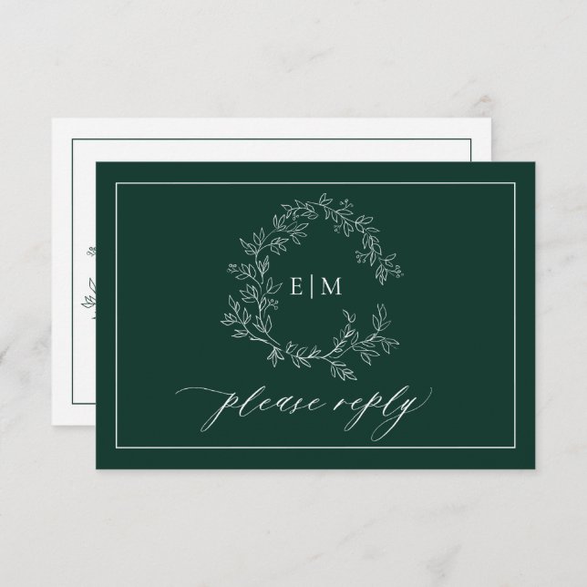 Emerald Green Leafy Crest Monogramme Mariage RSVP (Devant / Derrière)