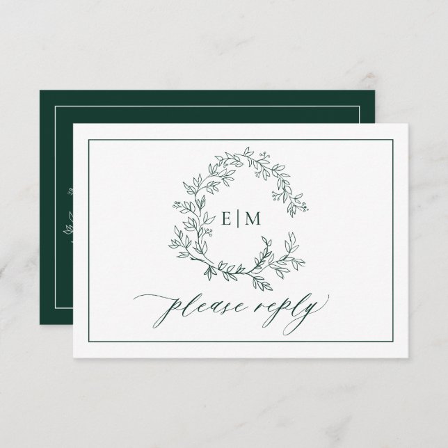 Emerald Green Leafy Crest Monogramme Mariage RSVP (Devant / Derrière)
