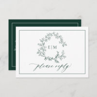 Emerald Green Leafy Crest Monogramme Mariage RSVP