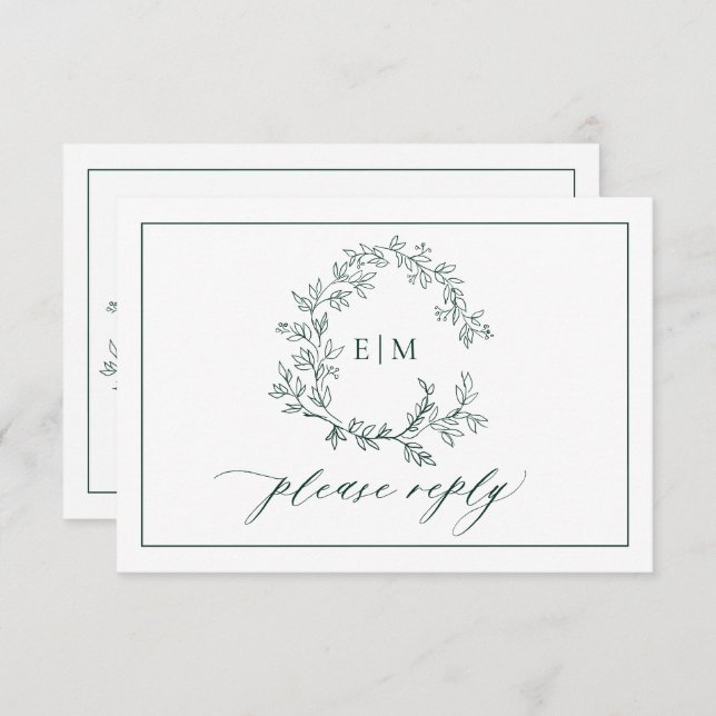 Emerald Green Leafy Crest Monogramme Mariage RSVP (Devant / Derrière)