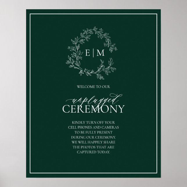 Emerald Green Leafy Monogram Unplugged Wedding Poster (Front)