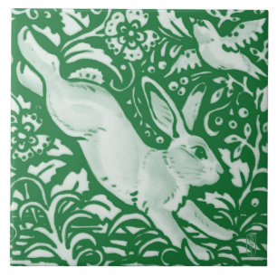 Emerald Green Leaping Rabbit Bunny Floral Garden Tile