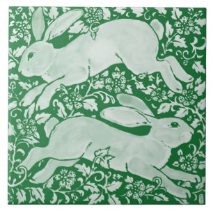 Emerald Green Leaping Rabbits Chinoiserie Floral  Tile