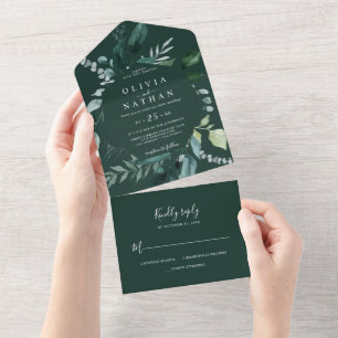 Emerald Green Leaves Frame Wedding All In One Invitation