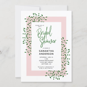 Emerald Green Leaves Script Pink Bridal Shower Invitation