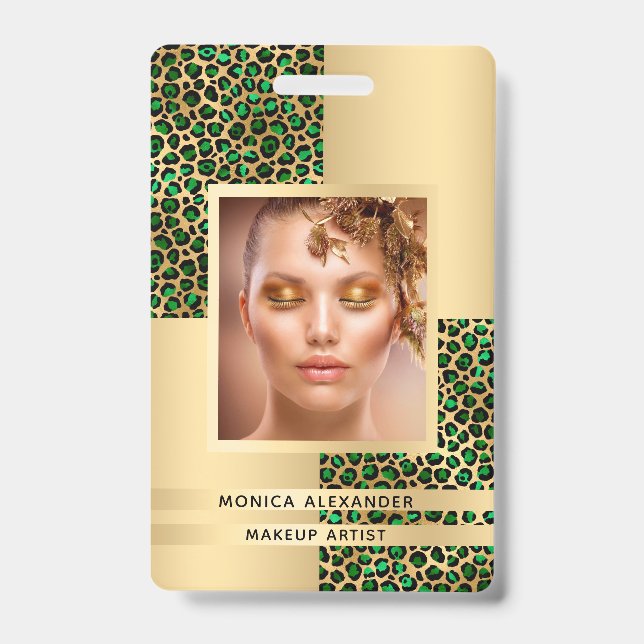 Emerald green leopard gold photo beauty badge (Front)