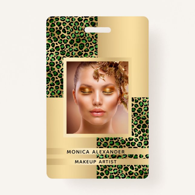 Emerald green leopard gold photo beauty badge (Front)