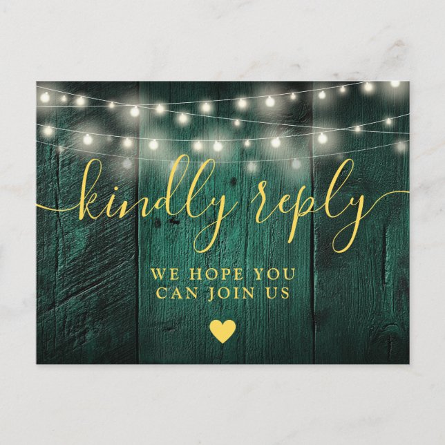 Emerald Green Lights Wood Song Request RSVP Invitation Postcard (Front)
