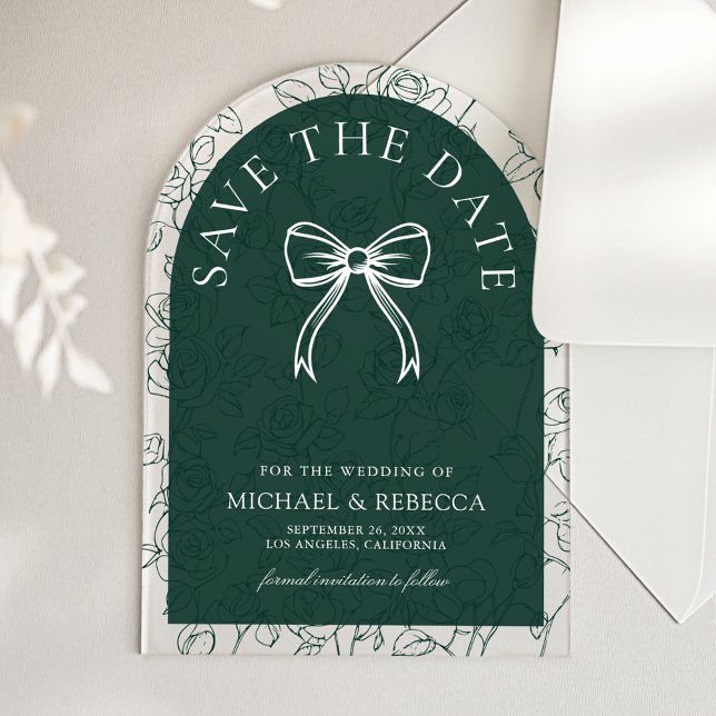 Emerald Green Line Art Bow Wedding Save the Date Acrylic Invitations (Creator Uploaded)