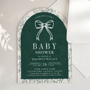 Emerald Green Line Art Coquette Bow Baby Shower Acrylic Invitations