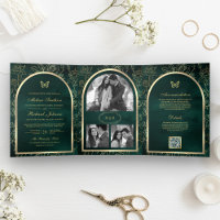 Emerald Green Line Art Gold Arch Butterfly Wedding
