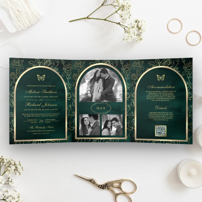 Emerald Green Line Art Gold Arch Butterfly Wedding Tri-Fold Invitation (Creator Uploaded)