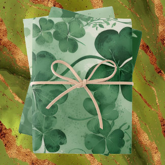 Emerald Green Lucky Shamrocks Vintage Watercolor Wrapping Paper Sheet