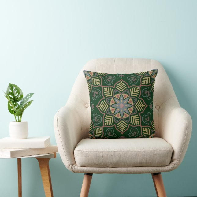 Emerald Green Mandala Flower Bohemian Pattern Throw Pillow (Chair)