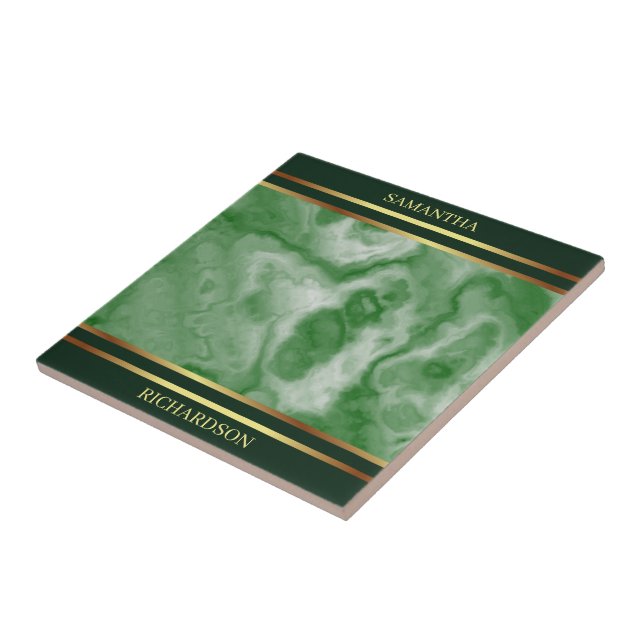 Emerald Green Marble And Gold Stripes Name Tile (Side)