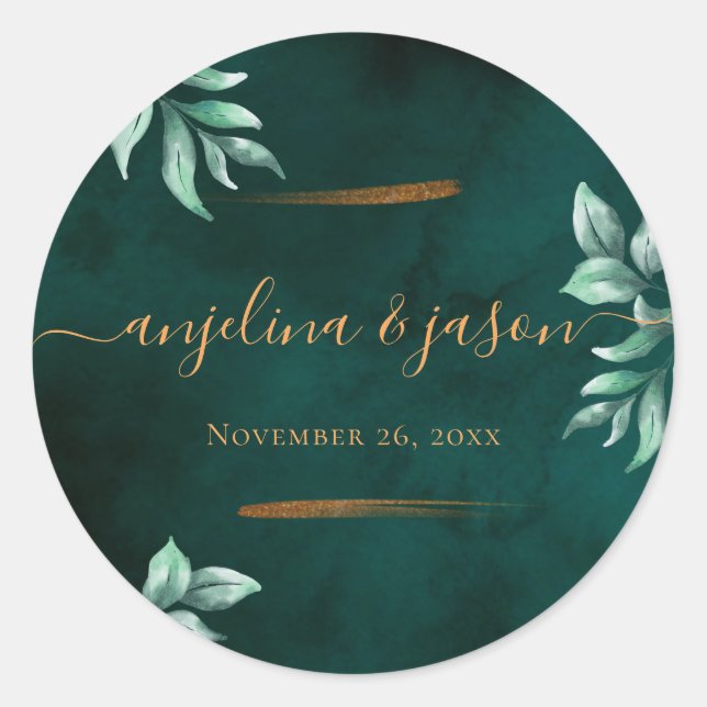 Emerald Green Marble & Gold Eucalyptus Wedding  Classic Round Sticker (Front)