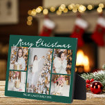Emerald Green Merry Christmas Collage 5 Photo Plaque<br><div class="desc">Trendy emerald green holiday photo plaque gift with chic handwritten scrawl MERRY CHRISTMAS above your family photo collage of your 5 favourite 2025 pictures. Modern elegant Christmas present featuring one vertical photograph in the centre and 4 square pictures on the sides.</div>