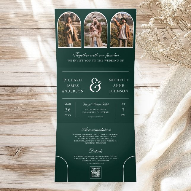Emerald Green Minimal Arch Photo QR code Wedding Tri-Fold Invitation (Creator Uploaded)