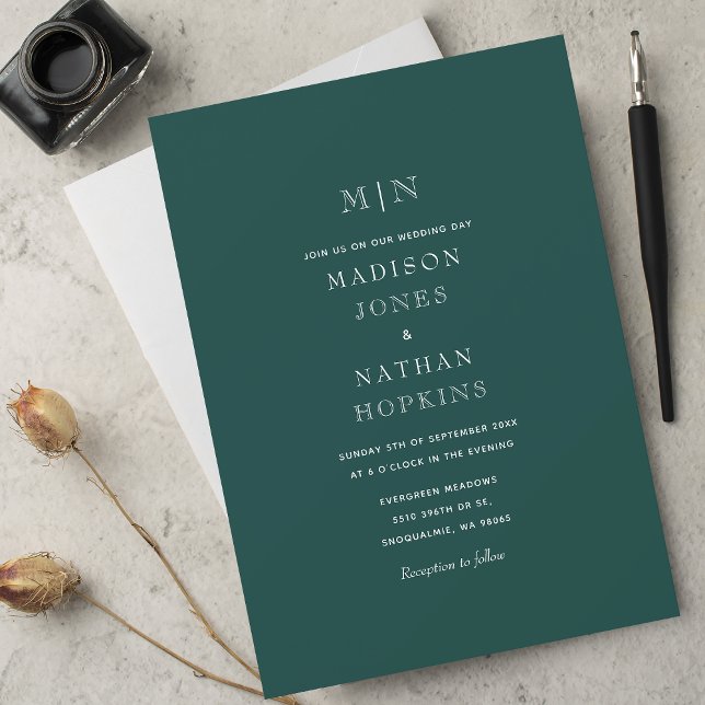 Emerald Green Minimal Monogram Wedding  Invitation (Creator Uploaded)