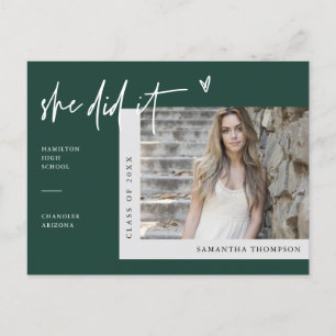 Emerald Green Minimal Photo She Did It Graduation  Postcard