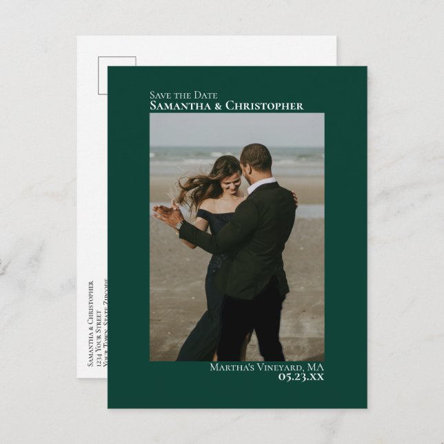 Emerald Green Minimal Wedding Photo Save The Date Announcement Postcard (Front/Back)