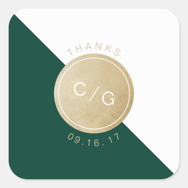 Emerald green minimalist modern monogram thank you square sticker (Front)