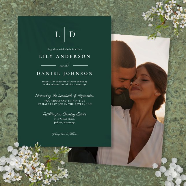 Emerald Green Minimalist Monogram Photo Wedding Invitation (Emerald Green Minimalist Monogram Photo Wedding Invitation)