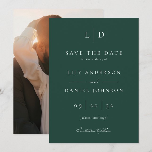 Emerald Green Minimalist Monogram Photo Wedding Save The Date (Front/Back)