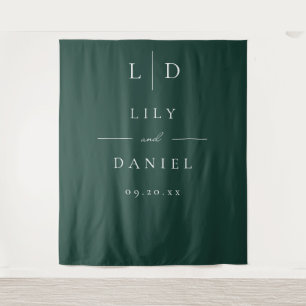 Emerald Green Minimalist Monogram Wedding Backdrop Tapestry