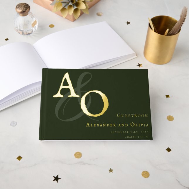 Emerald Green Minimalist Monogram Wedding Guest Book (Front Open)