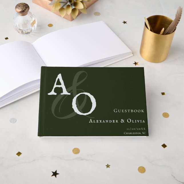 Emerald Green Minimalist Monogram Wedding Guest Book (Front Open)