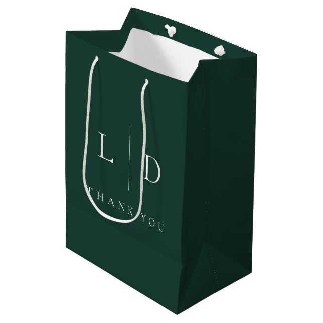 Emerald Green Minimalist Monogram Wedding Medium Gift Bag (Front Angled)