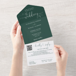 Emerald Green Minimalist Script QR Code Wedding All In One Invitation