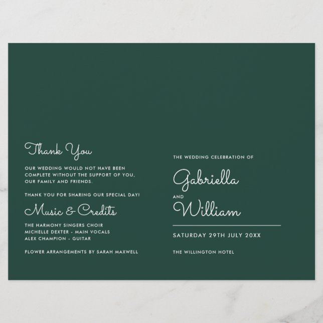 Emerald Green Minimalist Script Wedding Program (Front)