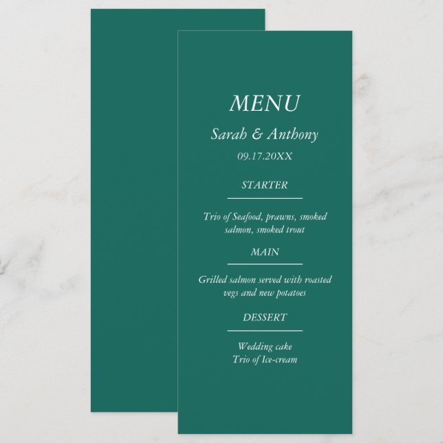 Emerald Green Minimalist Wedding Menu Card (Front/Back)