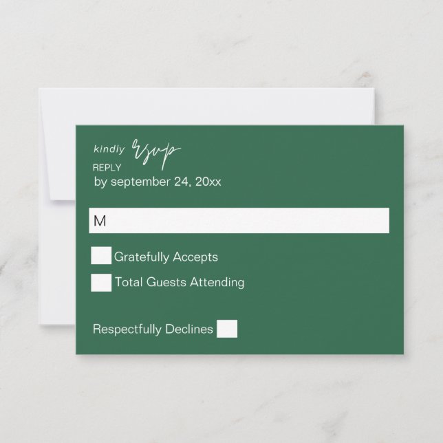 Emerald Green MOD Calligraphy no Meal RSVP Card (Front)