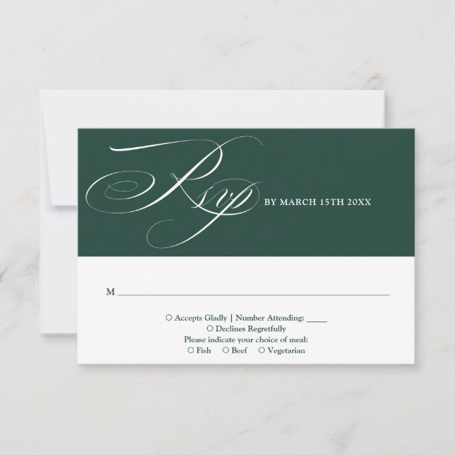 Emerald Green Modern Chic Elegant Script Wedding RSVP Card (Front)