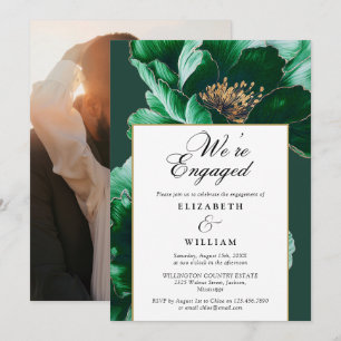 Emerald Green Modern Floral Engagement Party Photo Invitation