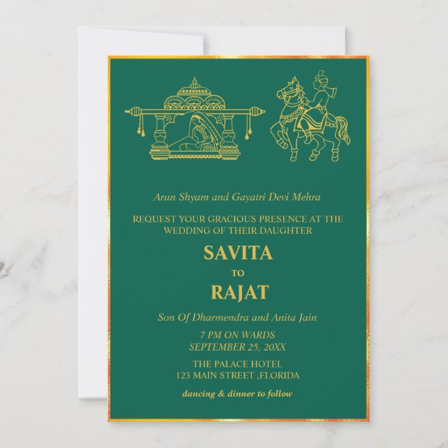 Emerald Green Modern Indian Wedding  Invitation (Front)